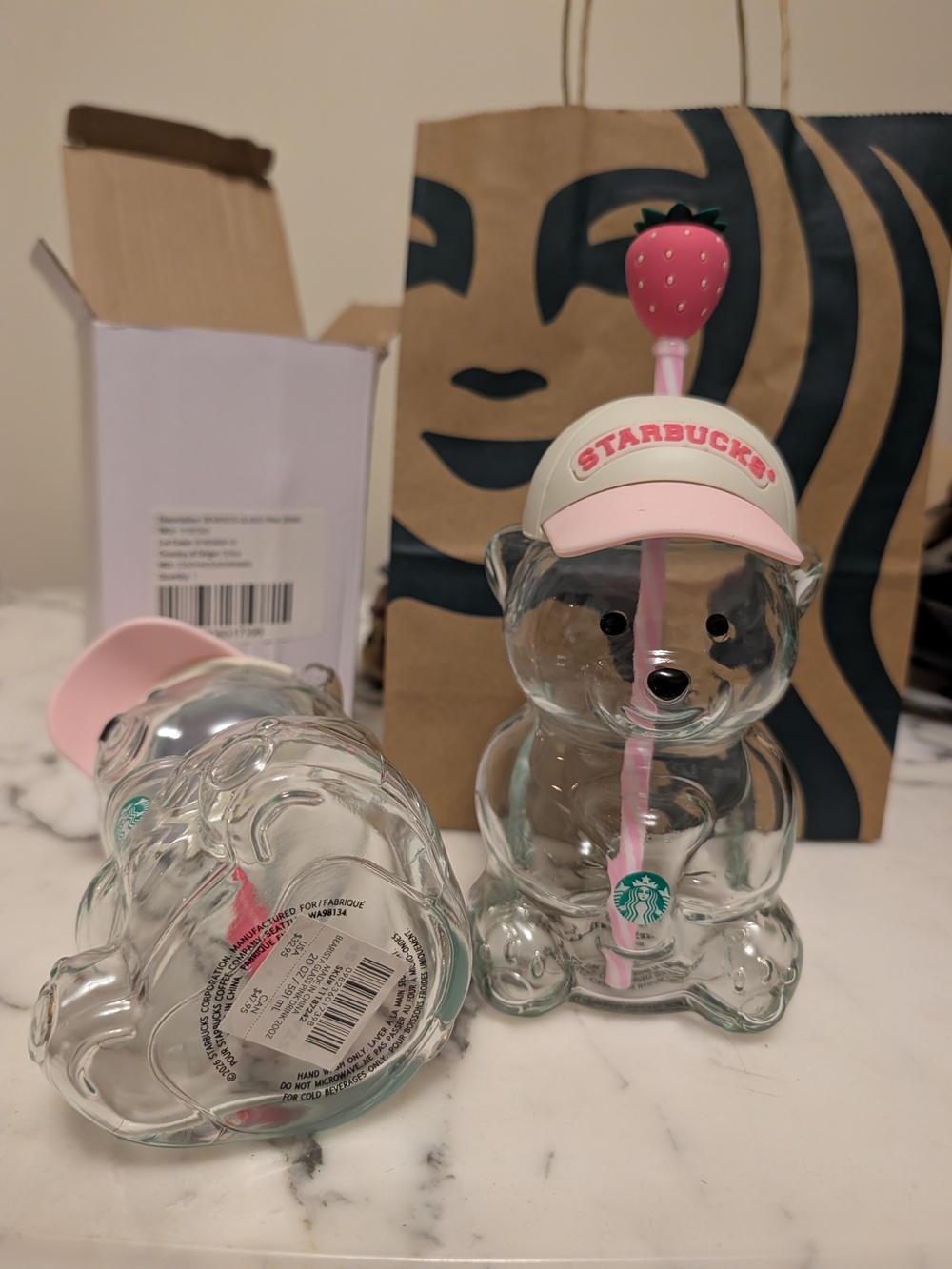 Starbucks Clear Glass Bear Cup with Pink Strawberry Straw